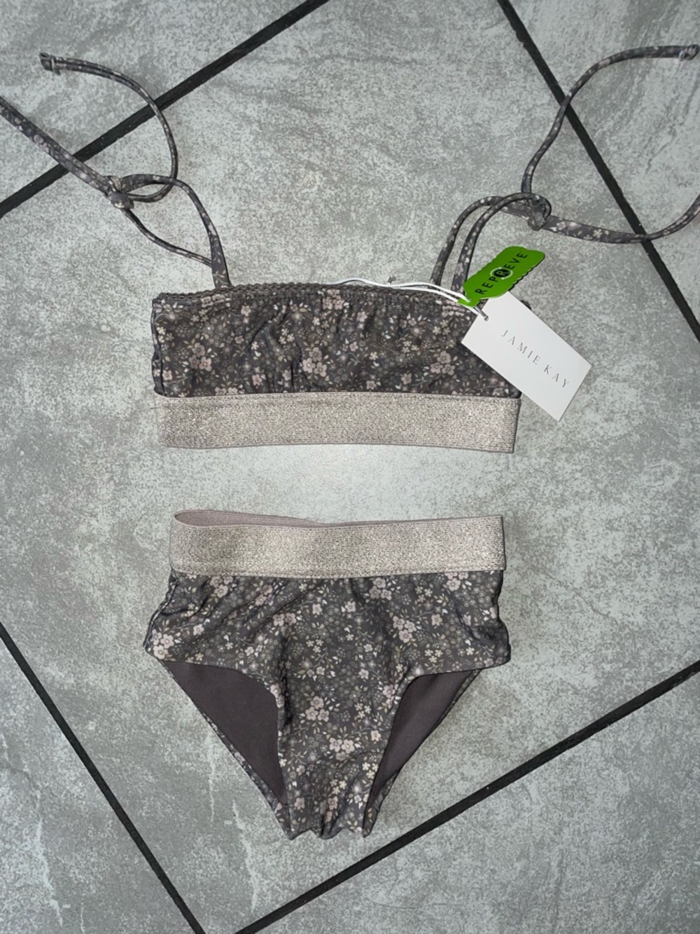 Jamie Kay Girls Floral Two-Piece Swim Set in Gray and Cream